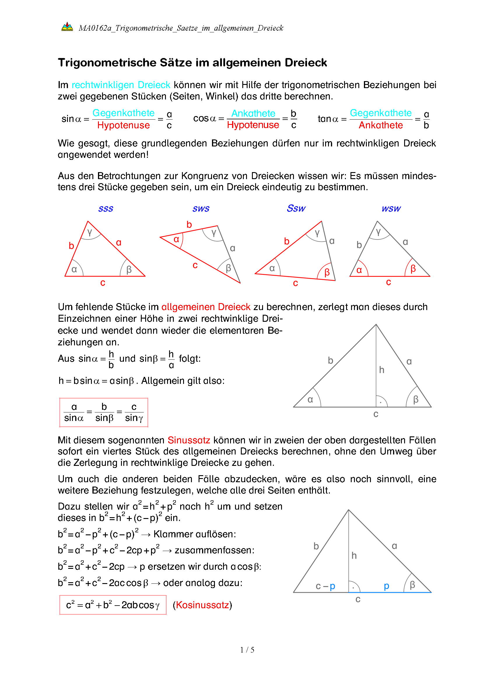 Trigonometrische Sätze im allgemeinen Dreieck