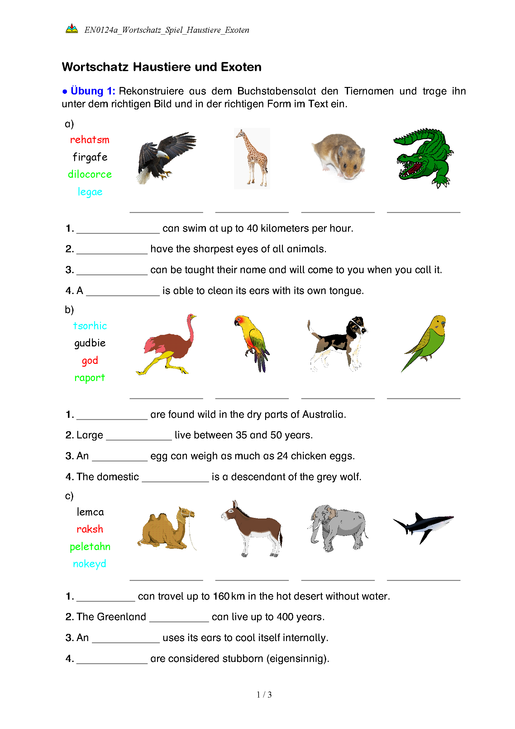 Wortschatz Haustiere und Exoten